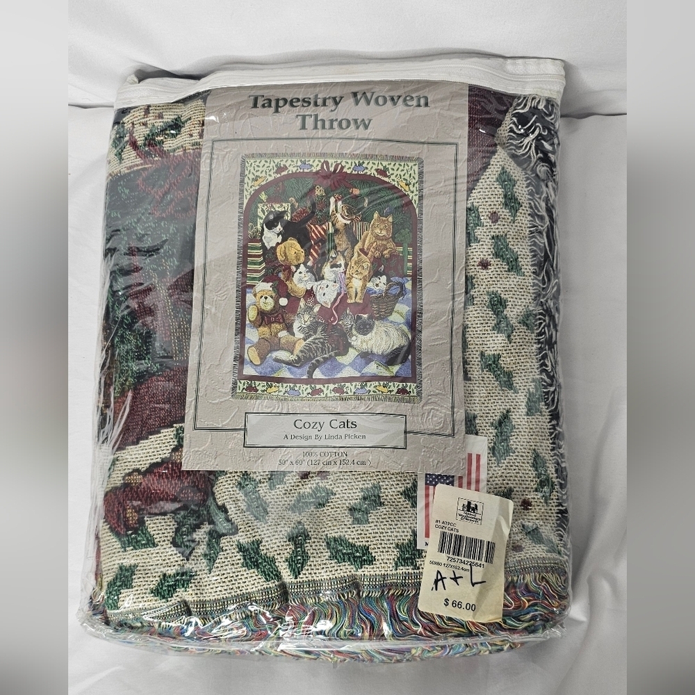 ​Cozy Cats Tapestry Woven Throw Blanket Linda Picken 50x60 100% Cotton USA  NEW - Picture 2 of 4
